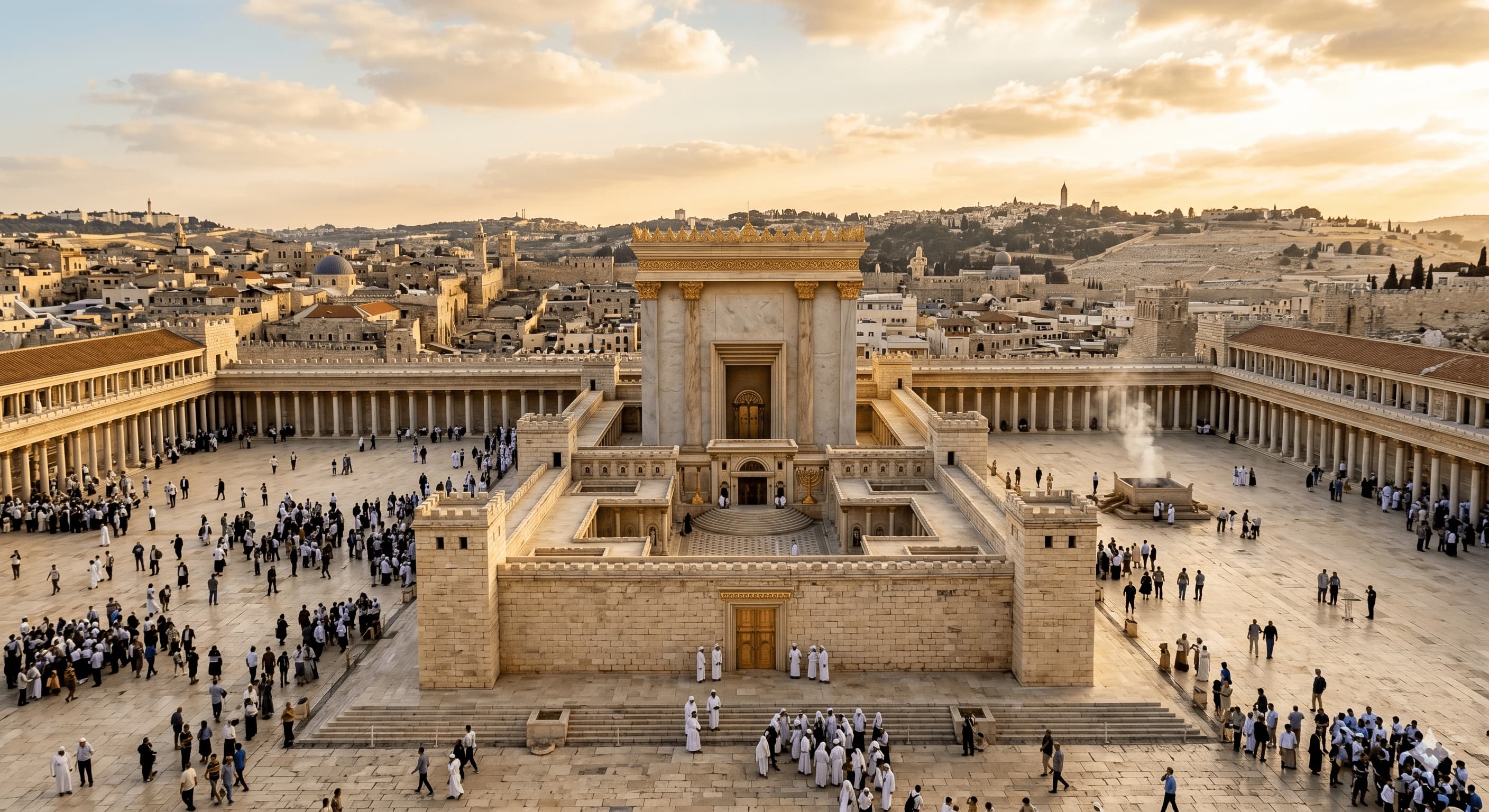 Le Beith HaMikdash, Temple de Jérusalem au coucher du soleil avec les Cohanim sur l'esplanade