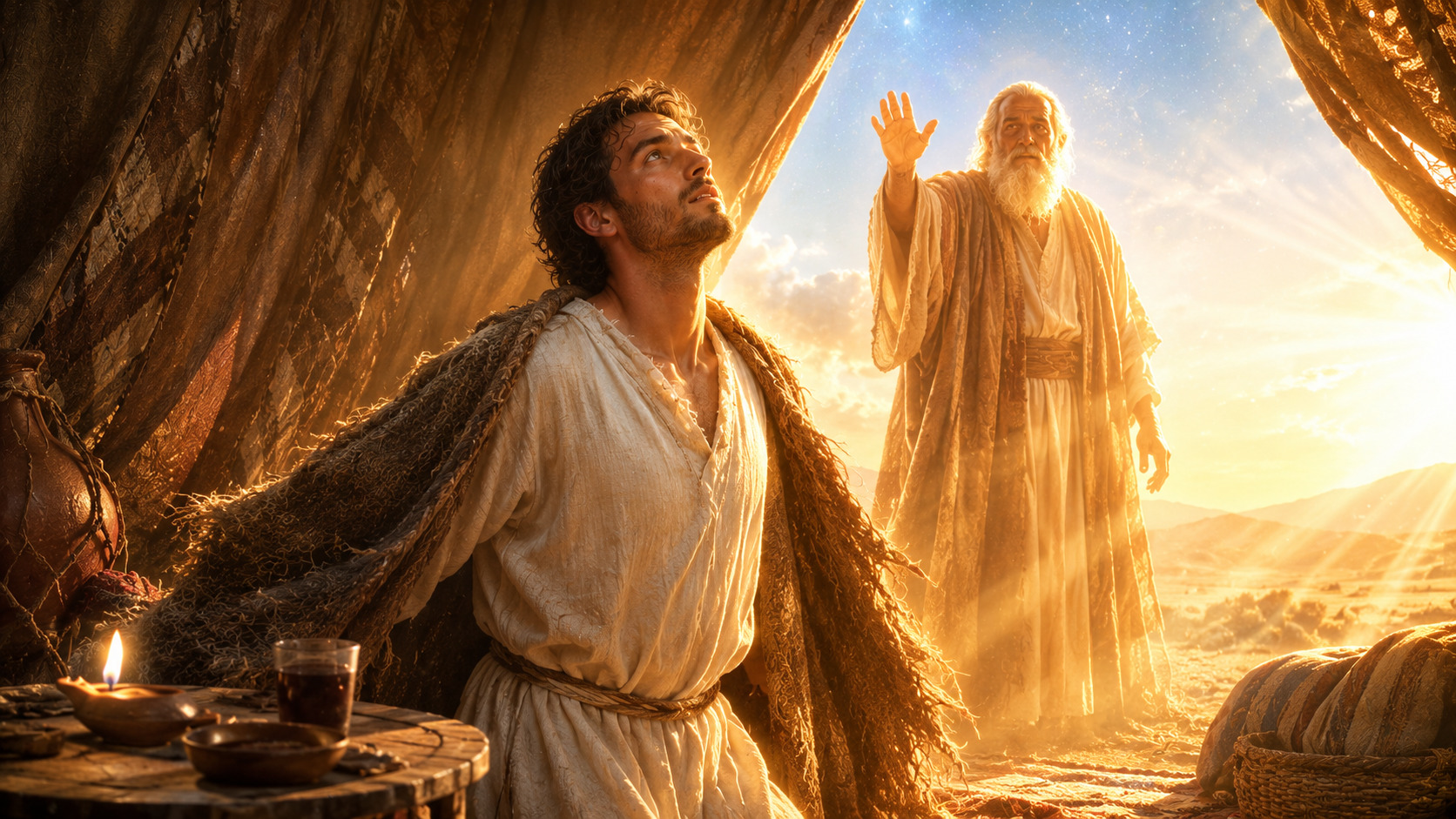 Blind Isaac blessing Jacob disguised as Esau — the voice of Jacob, the hands of Esau
