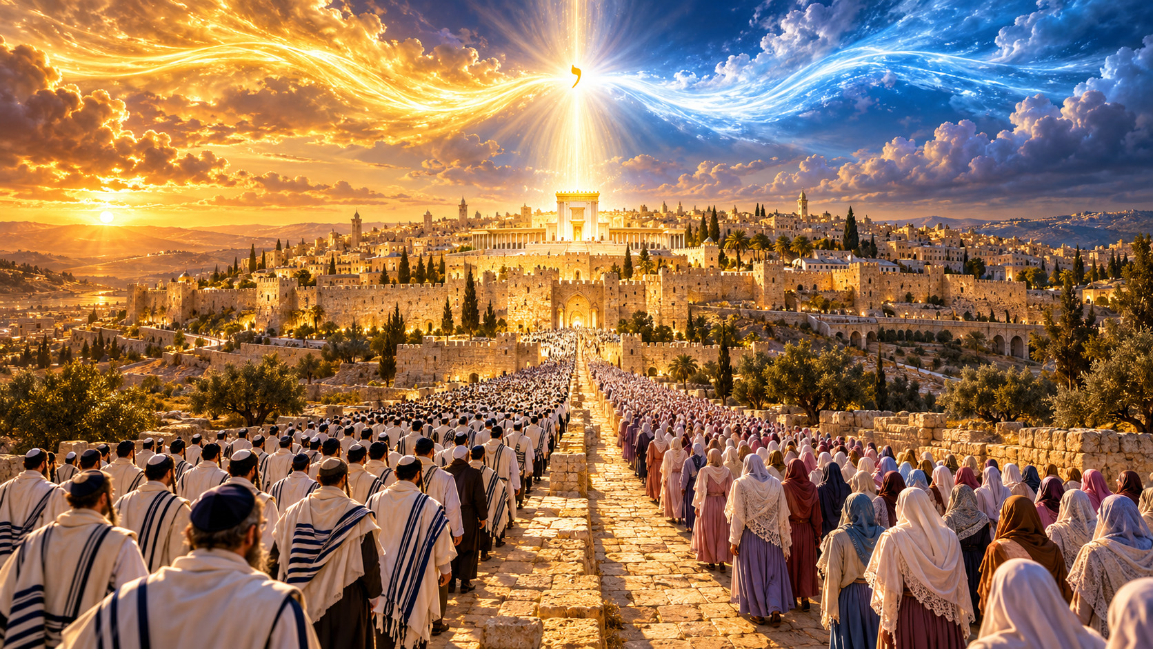 ירושלים הבנויה בשעת שקיעה, ולפניה עם ישראל בהמונים
